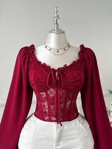 Comfortcana 大码女式灯笼袖蕾丝拼接方领垫肩衬衫，浪漫约会派对必备，秋冬款 - 酒紅色 - 查看 4