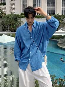 DAZY Men's Solid Blue Commuter Shirt, Spring - Blue - View 6