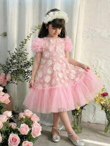 SHEIN 女童雪纺碎花荷叶边圆领休闲连衣裙 - 白色 - 查看 7