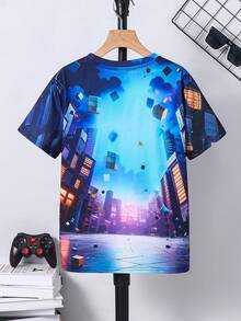 SHEIN 青少年男孩休闲酷炫经典卡通像素方块未来战士角色印花圆领短袖T恤，适合春夏穿着，日常穿着，运动，郊游，上学，聚会，节日，拍照 - 彩色 - 查看 2