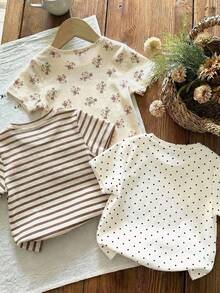 SHEIN LMoss Kids 3件套女婴休闲圆领短袖T恤，春夏休闲装 - 彩色 - 查看 2