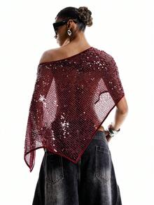 LYSMO Áo sequin bất đối xứng gợi cảm, phong cách tối giản, thời trang nữ Xuân/Hè 2026 mới về / Mùa hè / Mùa hè cho nữ / Mùa xuân cho nữ / Ngày lễ tình nhân / Valentine cho nữ / Valentine / Ngày lễ tình nhân / Sinh nhật cho nữ / Áo đi chơi - Màu đỏ tím - Xem 2