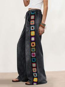 SoleilVie 女士新款抽绳腰带钩编拼接装饰阔腿裤，适合波西米亚风旅行装扮 - 黑色 - 查看 4