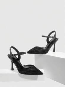 CUCCOO SZL Women's Pointed Toe High Heel Black Rhinestone Mesh Fashionable Sexy Party Wedding Ankle Strap Pumps Spring Shoes - Black - View 2