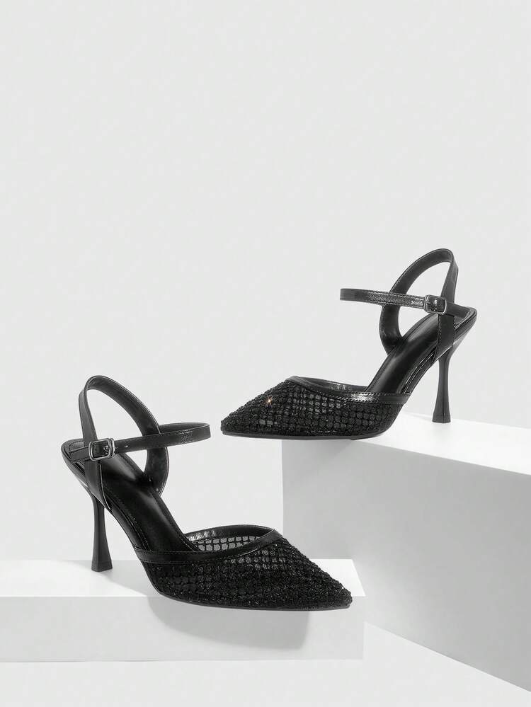 CUCCOO SZL Women's Pointed Toe High Heel Black Rhinestone Mesh Fashionable Sexy Party Wedding Ankle Strap Pumps Spring Shoes