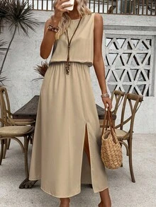 Breezaya 女士无袖圆领收腰开衩纯色休闲通勤连衣裙 - 卡其色 - 查看 3