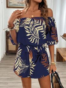 Breezaya Ruffled Sleeve Cinched Waist Off Shoulder Hawaiian Style Romper Women Vacation  Jumpsuits Off Shoulder Summer  Jumpsuits Hawaii Outfits Women  Jumpsuits Tropical Romper Tropical Vacation  Jumpsuits - Multicolor - View 6