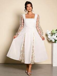 Cravure 加大码花卉刺绣方领灯笼袖连衣裙 - 杏色 - 查看 4