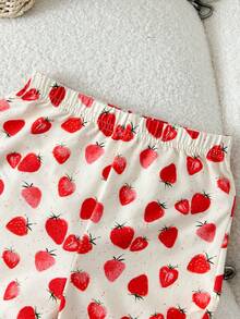 Cozy Pixies 2pcs Baby Girl Strawberry Print Lapel Long Sleeve Cardigan And Elastic Waist Pants Set - Red - View 4