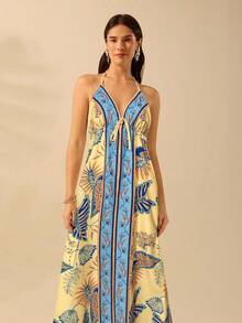 CAJUNI 女士度假热带波西米亚印花吊带系带休闲沙滩夏季长裙 - 黃色 - 查看 4