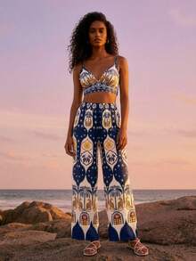 CAJUNI Set di canotta corta e pantaloncini con stampa di palme, adatto per vacanze - Multicolore - Visualizzare 9