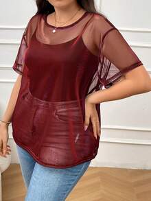 SHEIN Essnce Plus Size Semi-Sheer Iridescent Round Neck Loose Fit Women Top - Burgundy - View 6