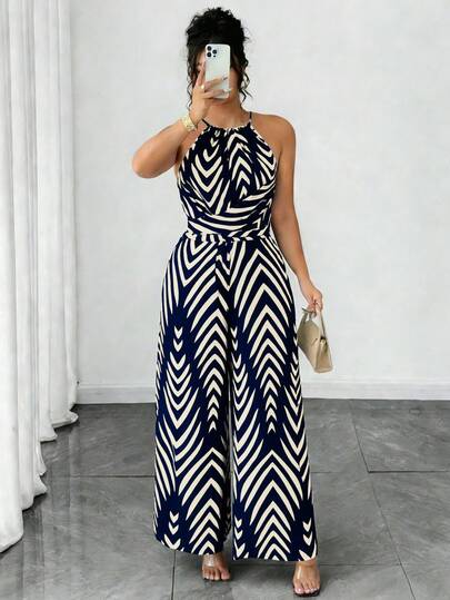 Elenzga 时尚优雅的大码女式印花连体裤，适合春夏度假穿着