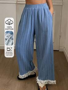 DAZY Calça de Pijama Feminina Solta com Padrão Listrado, Contraste de Cor, Bordado e Babado Recortado - Azul - Visão 3