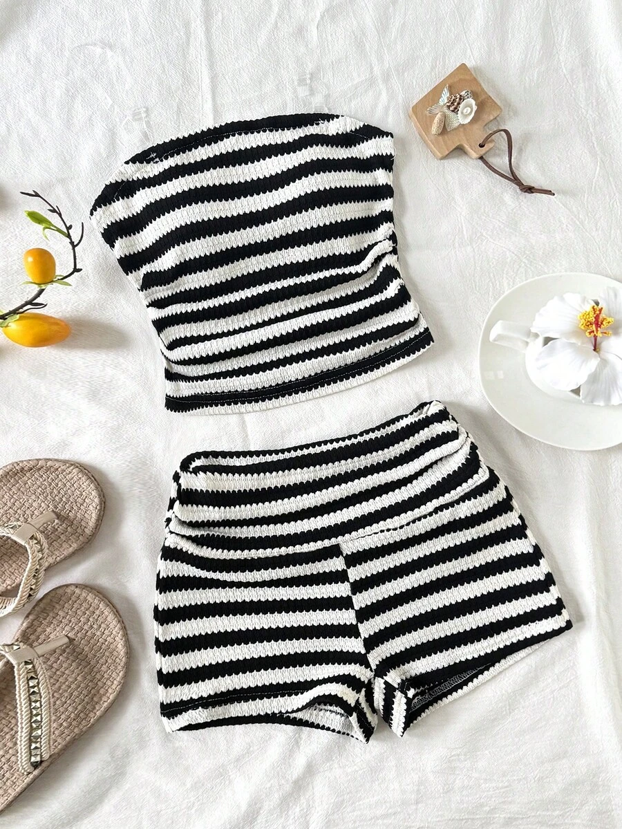 Tween Girls Striped Tube Top Casual Breathable Summer Tank Top Set - Black - View 1