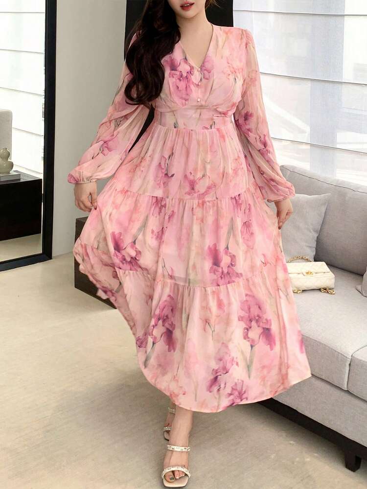 Dazy Plus V-Neck Floral Print Lantern Sleeve Chiffon Waist Cinched Elegant Long Party Dress, Plus Size, Pink, Spring/Summer Sundress Boho