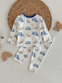 Loomiva 新生儿男女宝宝卡通熊、月亮和云朵图案针织柔软圆领长袖上衣和松紧腰裤两件套 - 彩色 - 查看 4