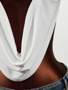 Mistrie Women's Sexy Deep V-Neck Fashion Ruched Designer Short-Sleeve Blouse - White - View 4