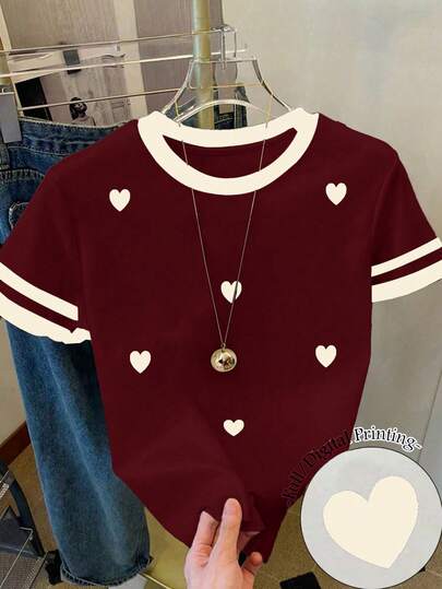 Teen Girl Summer Heart Love Print Casual Contrast Color Block Striped Round Neck T-Shirt, Suitable For Daily Wear, Back To School, Vacation Cute Tops Teen Cute Clothing Teen Heart Shirt Teen Girl Tops Aesthetic Aesthetic Preppy Clothes For Girls 12