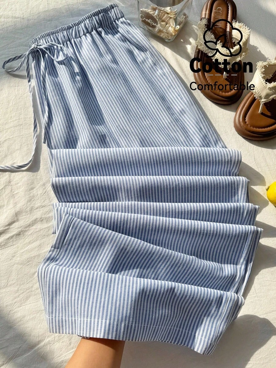 Comfortcana Quần dài mặc nhà dáng rộng, kẻ sọc xanh trắng, có dây rút, cỡ lớn, thích hợp cho mùa xuân/hè. - Xanh và trắng - Xem 1