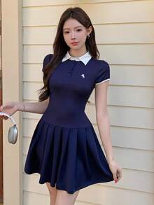 SHEIN K-Vae 优雅的 Polo 领刺绣拼接修身连衣裙 - 藏蓝色 - 查看 3
