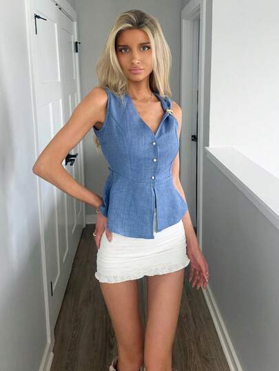 Sydney Algeri 新款简约优雅金属扣设计修腰V领无袖女式衬衫，夏季