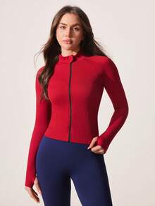 Easithlete Easithlete Chaqueta deportiva de ajuste ceñido con cremallera frontal y manga larga de unicolor - Burdeos - Ver 1