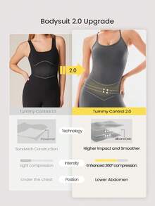 GLOWMODE 17" FeatherFit™ Rise And Shine Buttery-Soft Sweat-Wicking Crisscross Open Back Tummy Control Removable Cups Bodysuit Low Impact Yoga Studio Daily Wear - Dark Grey - View 2