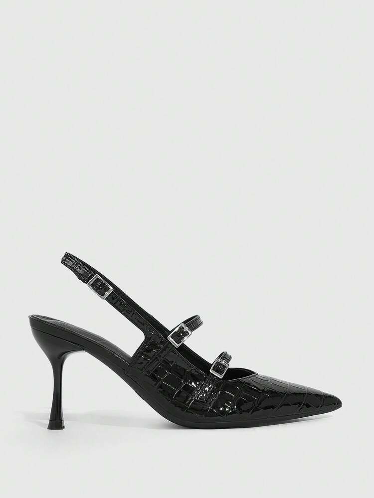 CUCCOO SZL Women's Black Patent Leather Pointed Toe Rhinestone Buckle Double Strap Backless Sexy Fashion High Heel Pumps