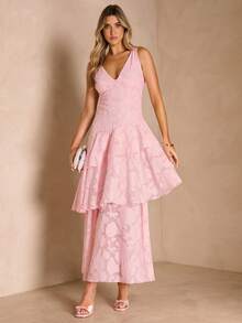 Enchnt V-Neck Cutout Waist Flattering Vacation Dress - Pink - View 5