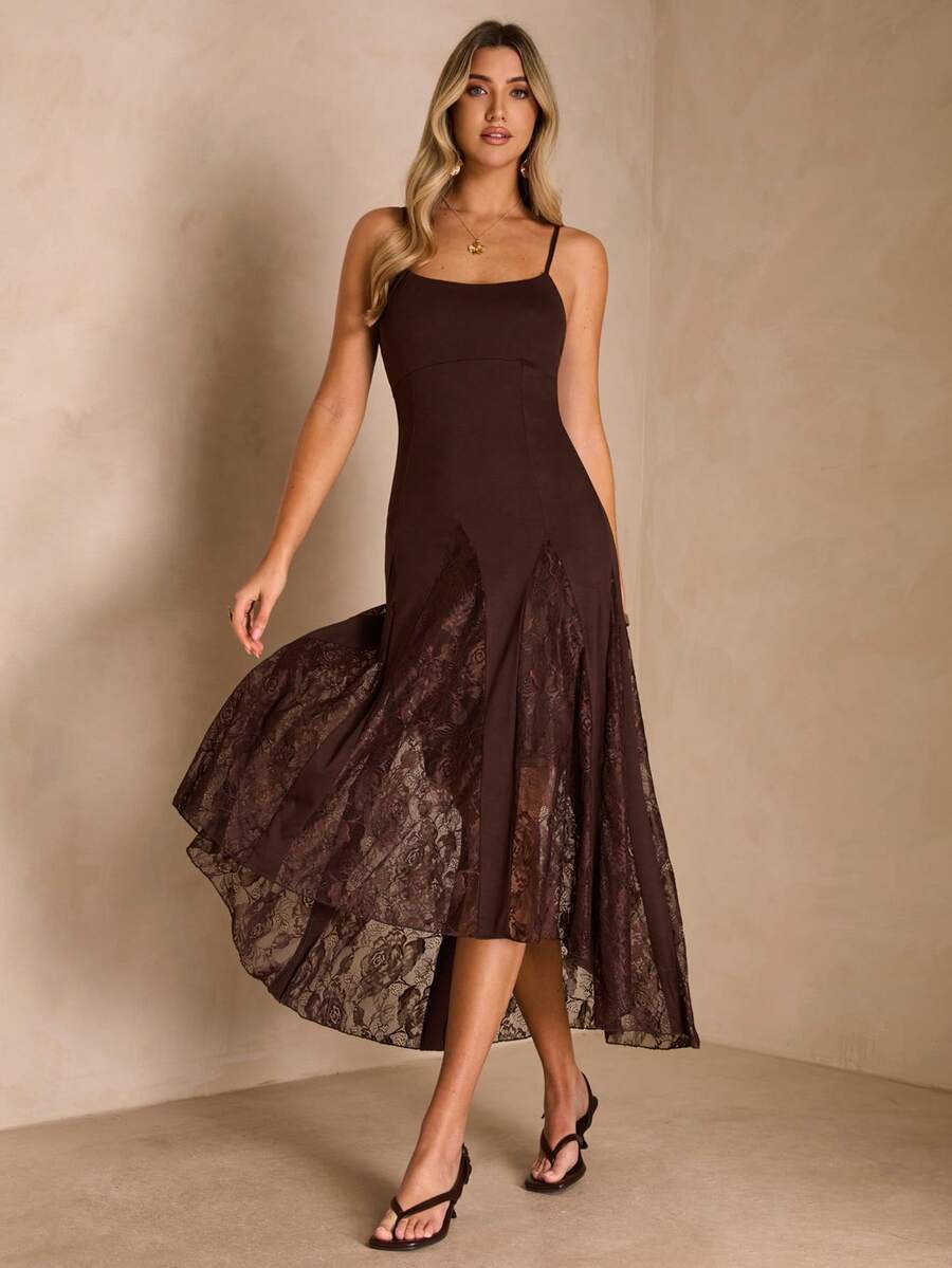 Enchnt 修身针织吊带蕾丝下摆连衣裙 - 咖啡棕 - 查看 1
