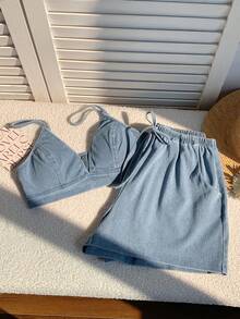 Comfortcana 女士休闲度假牛仔吊带背心和短裤套装 - 深色水洗藍 - 查看 6