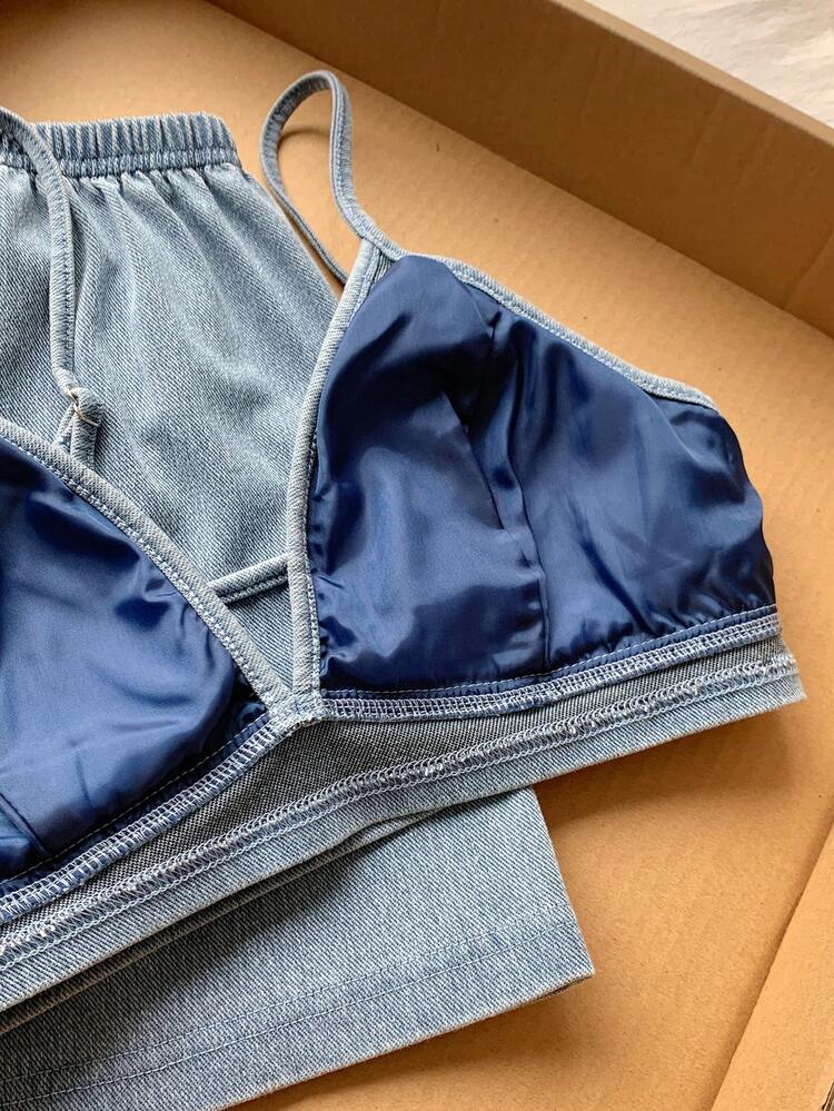 Comfortcana Women's Casual Vacation Denim Camisole & Shorts Set Vacation Outfits Women Holiday Outfits Casual Sets For Women Casual Outfit For Women Y2k Clothes Summer Holiday Outfits Spring Clothing Beach Set Going Out Outfits Women's Stylish Denim Bralette And Elastic Waist Shorts Set Summer Casual Two Piece Outfit - Dark Wash - View 7