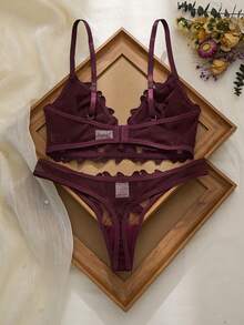 2件套法式经典黑色V领文胸套装 - 中紫紅色 - 查看 2