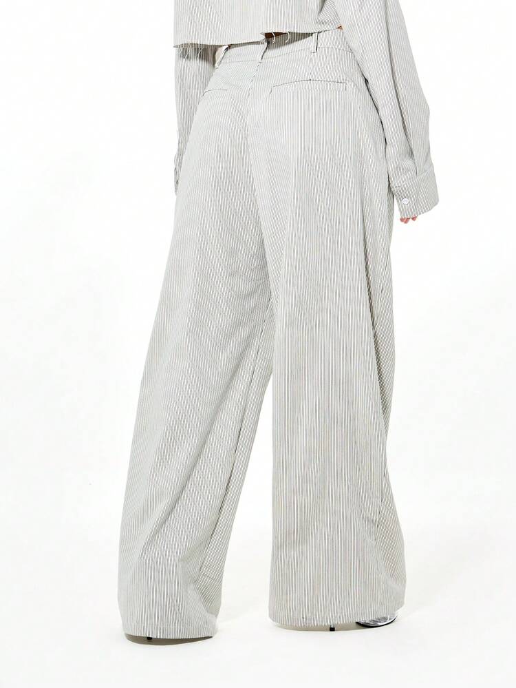 SUMWON WOMEN Oversized Pinstripe Wide Leg Tailored Trousers With Belt
