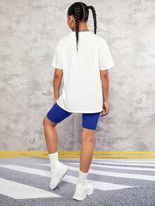 SHEIN 2pcs/Set Teen Girl Printed Drop Shoulder T-Shirt And Contrast Color Shorts,Kids - Blue - View 2