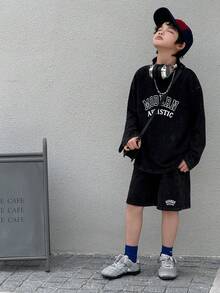 DAZY 男童插肩长袖休闲宽松时尚印花T恤套装 - 黑色 - 查看 3