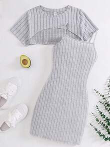 SHEIN Tween Girls 2-Piece Set: Light Gray Ribbed Crew Neck Cropped T-Shirt And Spaghetti Strap Dress - Grey - View 4