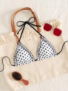 Swim Mod Women's Polka Dot Print Elegant Halter Tie Bikini Top - Multicolor - View 1