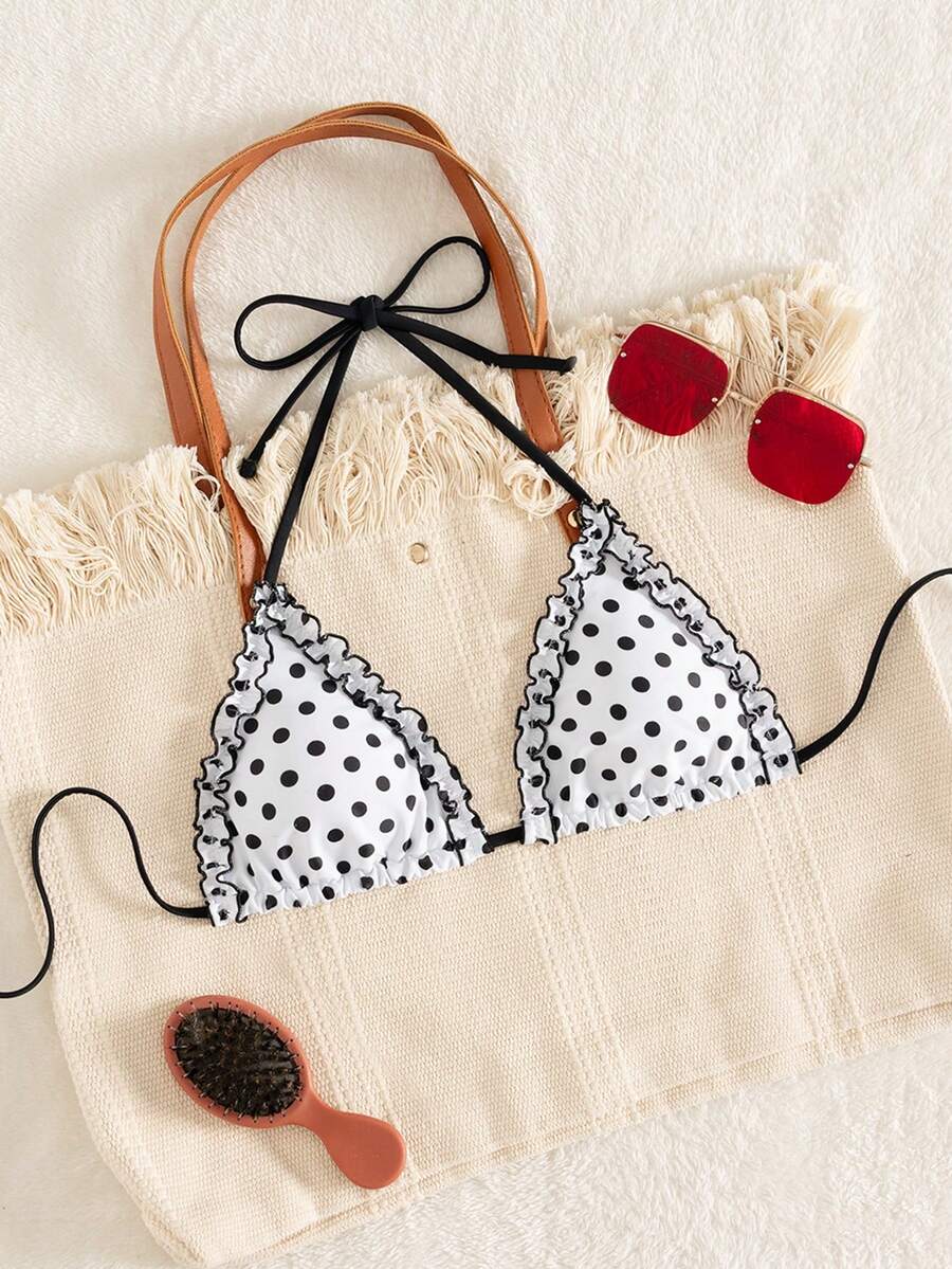 Swim Mod Women's Polka Dot Print Elegant Halter Tie Bikini Top - Multicolor - View 1