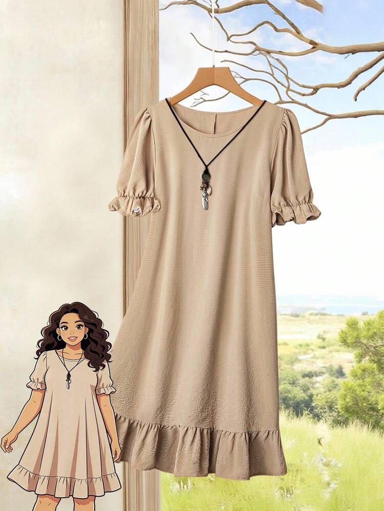 Plus Size Women Summer Solid Color Round Neck Short Sleeve Ruffled Khaki Casual Dress,Gifts For Mother,Summer Holiday,Vacation Outfits Women,Simple And Fashionable For Everyday Wear,Vacay Vibes,Springbreak,Casual Wear SS,Bohemia,Summer Dresses For Women,Dresses Casual