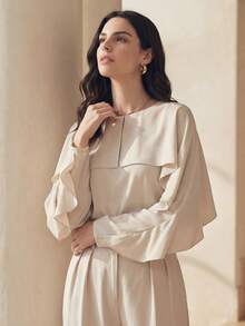 Anewsta 女士休闲百搭荷叶边装饰套头衫，现代优雅简约OL衬衫 - 米色 - 查看 5