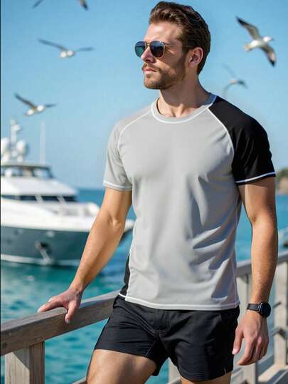 CoralVoy Herren Farbblock Rundhals Lässig Kurzarm Rashguard