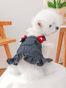 PETSIN 1件猫狗通用衣服，带立体花朵装饰连衣裙，春季休闲宠物服装 - 藍色 - 查看 5