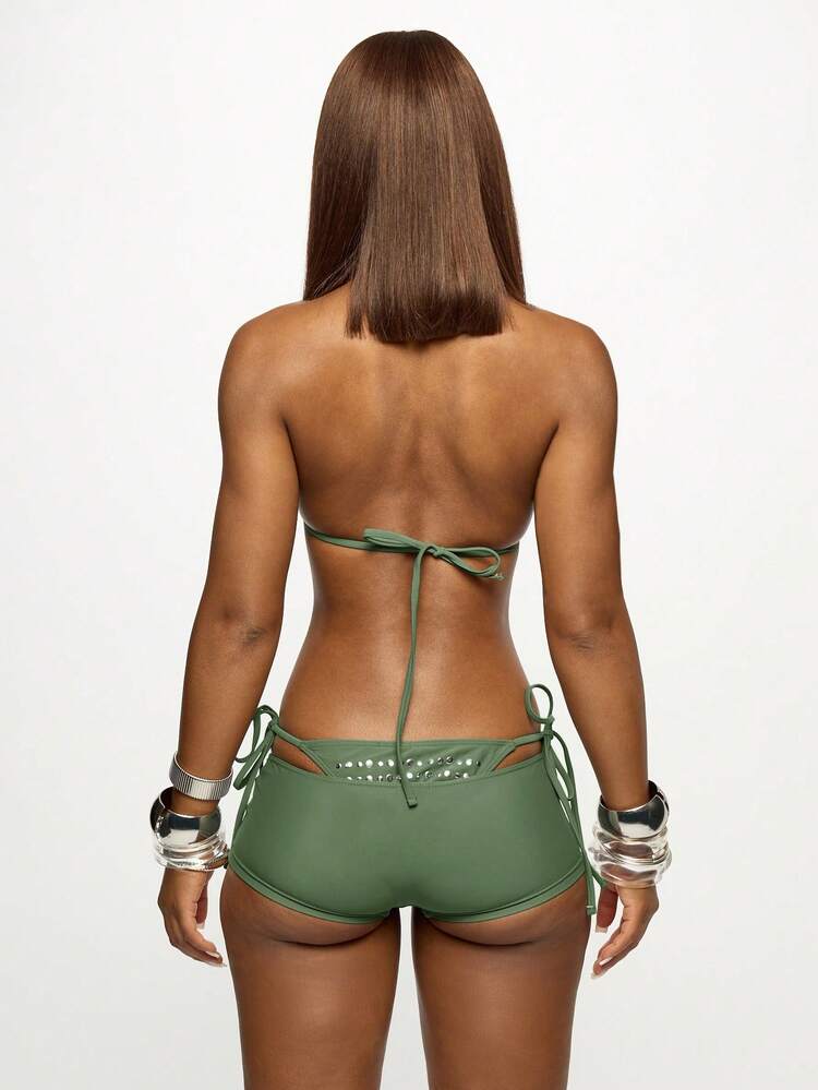SUMWON WOMEN Studded Green Triangle Bikini Set With Halter Top And Cheeky Bottom Summer Beach Swimwear For Women