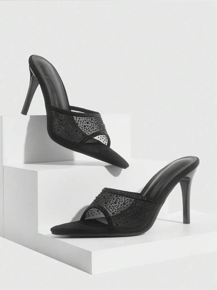 CUCCOO SZL Women Shoes Summer New Black Mesh Rhinestone Women's High-Heeled Sandals Fashion Gorgeous Sexy Party Women's Sandals Slippers Valentine's Day Spring Shoes Prom Heels
