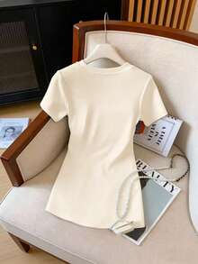 Lyxana Đầm ngắn tay cổ tròn màu trơn dáng casual dành cho nữ, thích hợp cho mùa hè. - Màu be - Xem 2