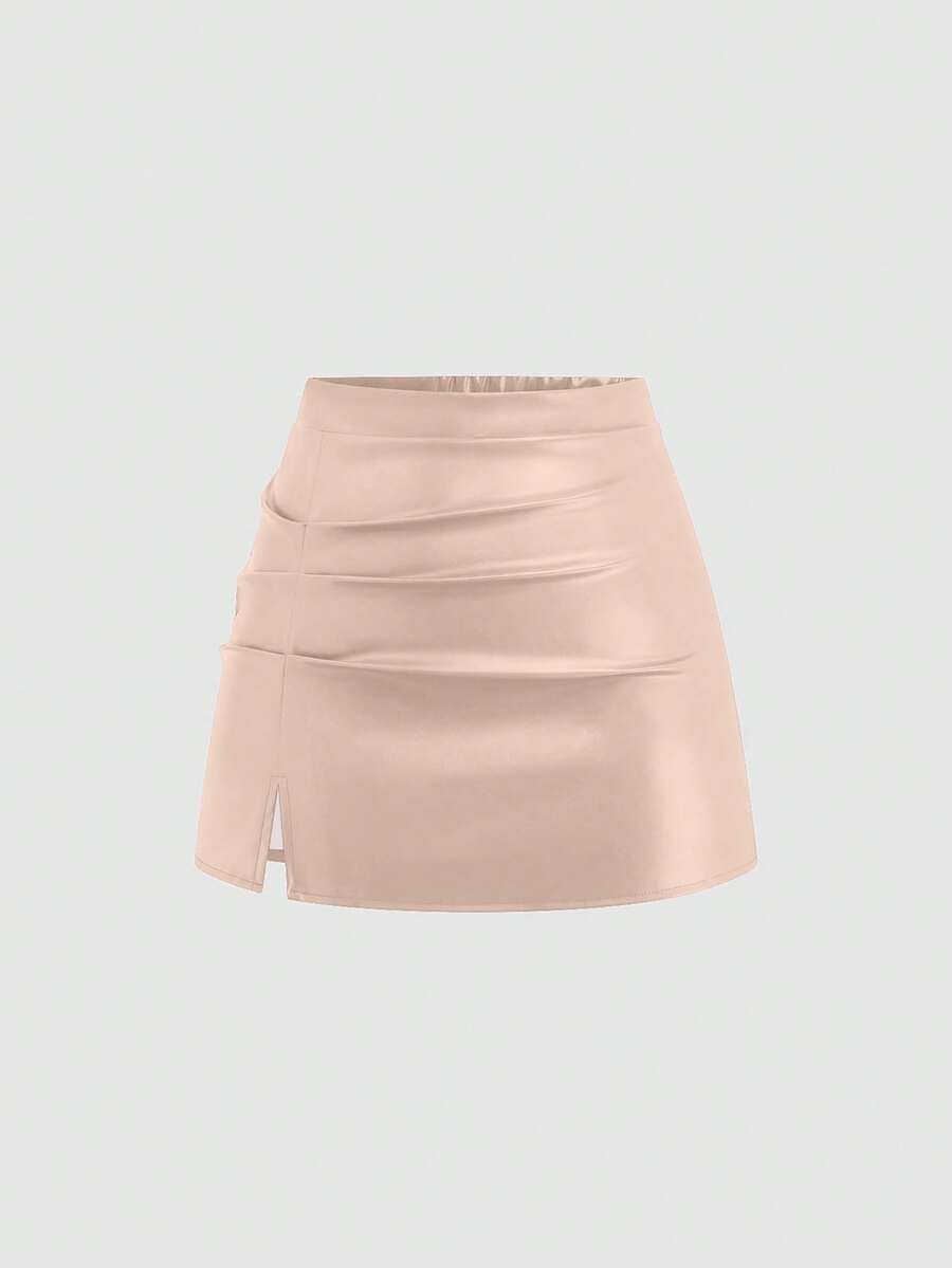 Sweetra Plus Size Slit Pleated PU Leather A-Line Mini Skirt, Bodycon & Slimming - Khaki - View 1