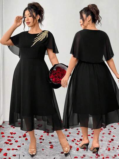 Elenzga Capa/Chal de gasa de unicolor para mujer talla grande de primavera/verano con cuello de encaje dorado, vestido holgado de línea A elegante, perfecto para bodas, vestidos románticos y vestidos formales para mujer.