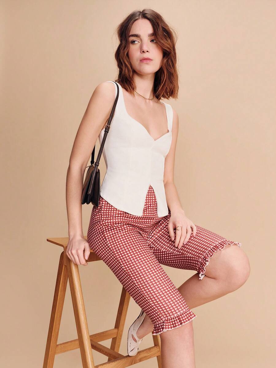 lacRébo Low-Rise Black Jacquard Knit Capri Pants With White Floral Pattern And Ruffle Details Cute Style - Black - View 1